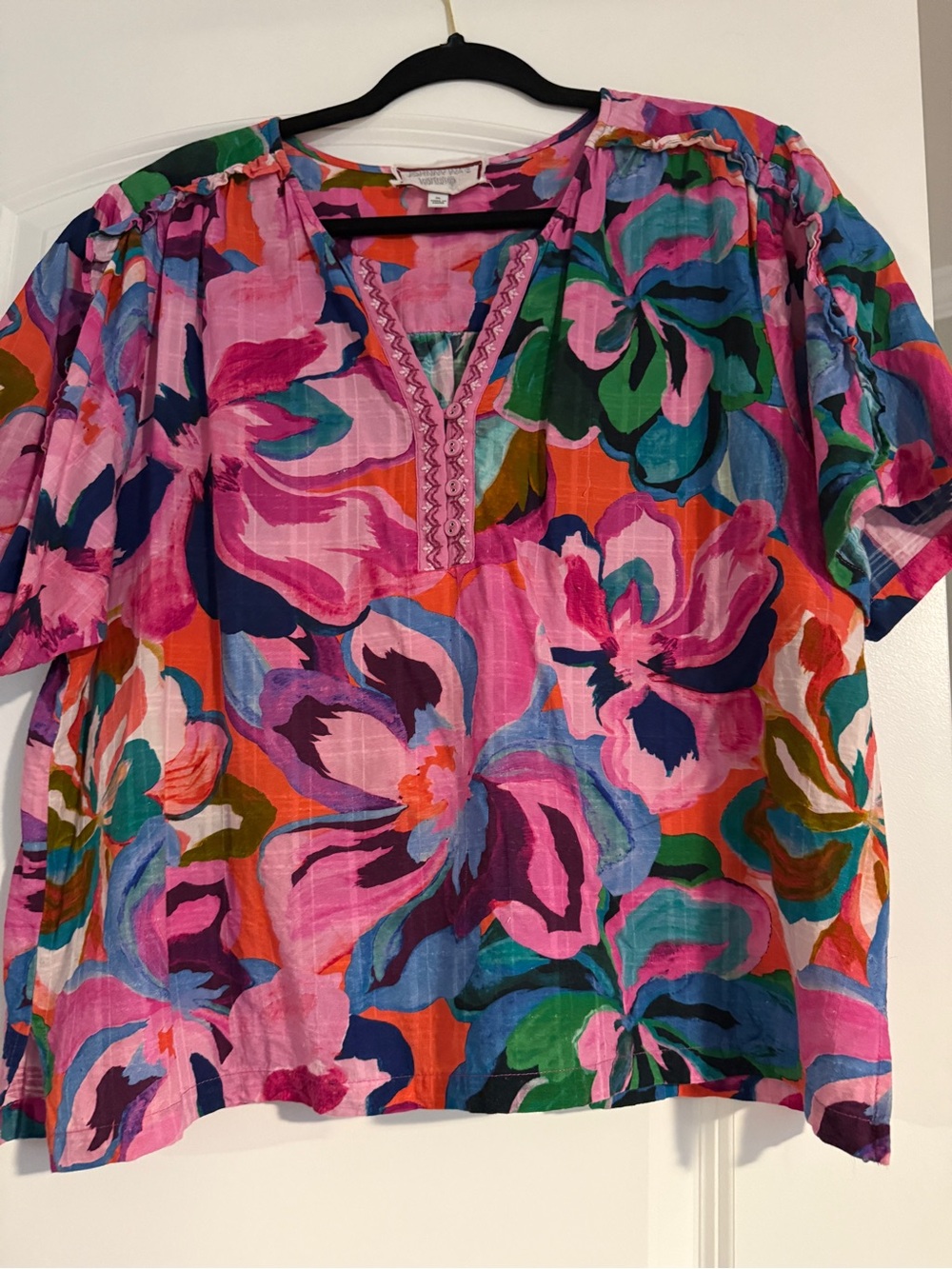 Johnny Was Women’s Beautiful and Vibrant Pink Floral Amber Ruffle Short Sleeve